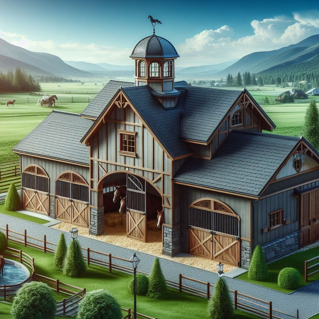An illustration of a pole barn with horses inside.
