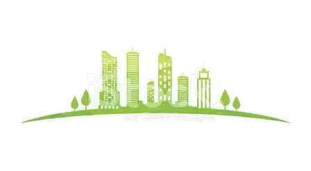 A green illustration of a city skyline.