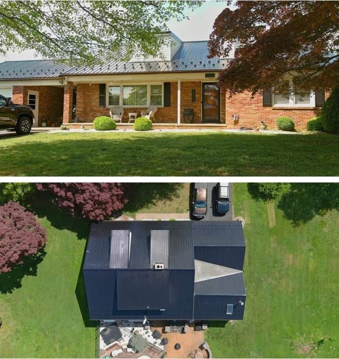 A photo of a red brick house with a dark metal roof. Below is an aerial photo of the house and roof.