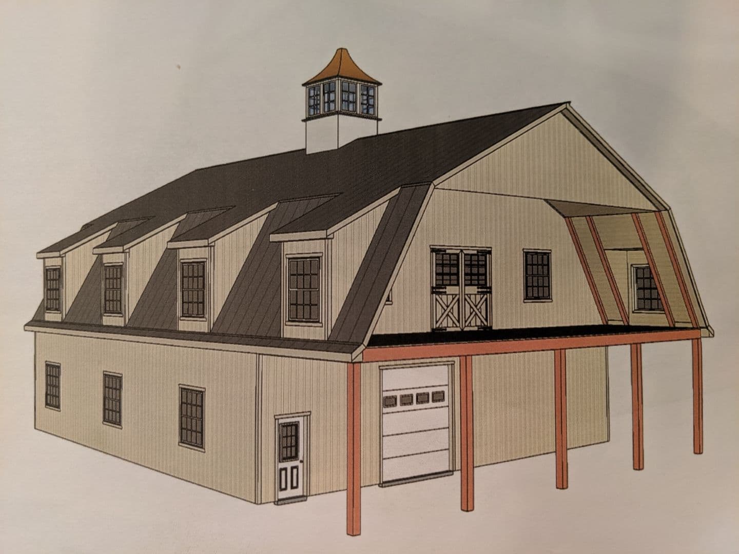 An illustration of a barn-style building with a large garage door, dormer windows, and a small cupola on the roof, supported by four wooden posts.