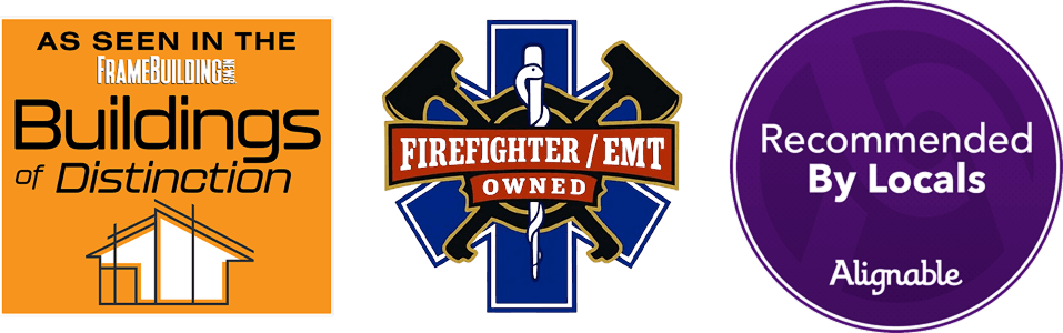 Logo badges for "As Seen in the Frame Building News 'Buildings of Distinction'", "Firefighter/EMT Owned", and "Recommended By Locals" by Alignable.