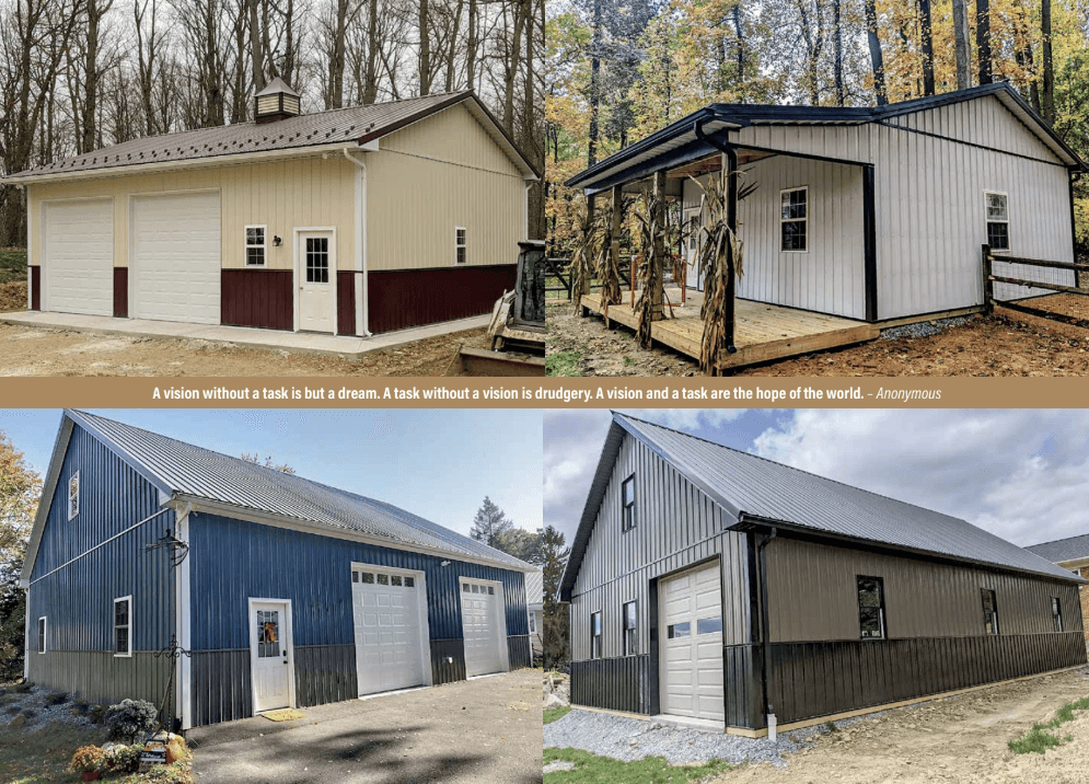 Four photos of pole barns.