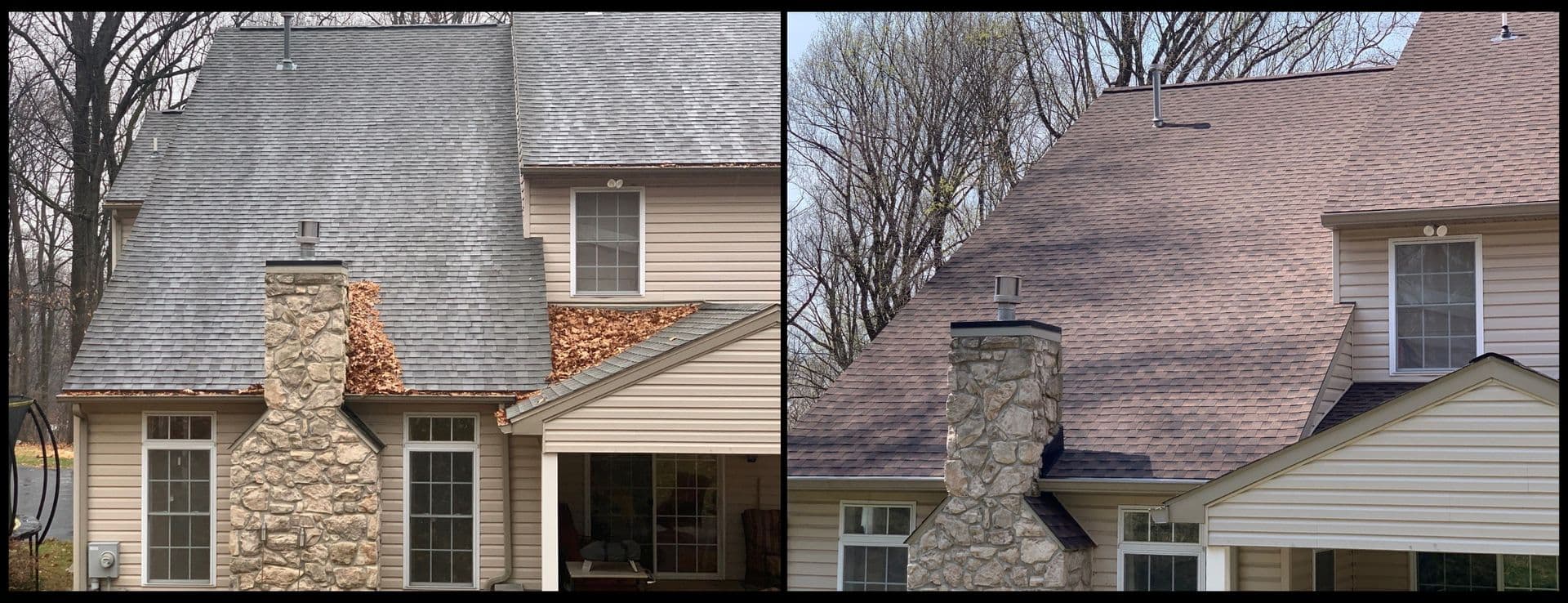 Before and after photos of an asphalt roof replacement.