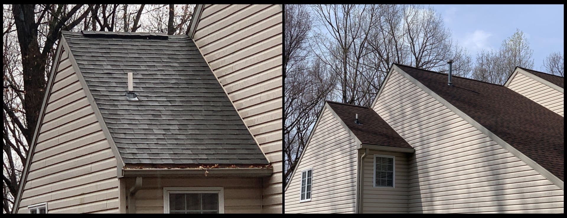 Before and after photos of an asphalt roof replacement.