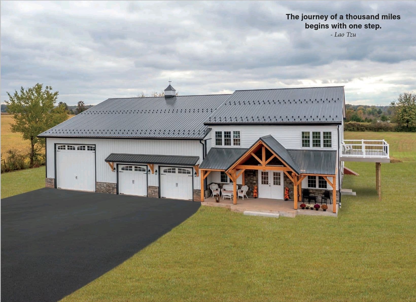 A large modern barn with multiple garages, set on a grassy field under a cloudy sky. Text in the sky reads, 'The journey of a thousand miles begins with one step. - Lao Tzu'.